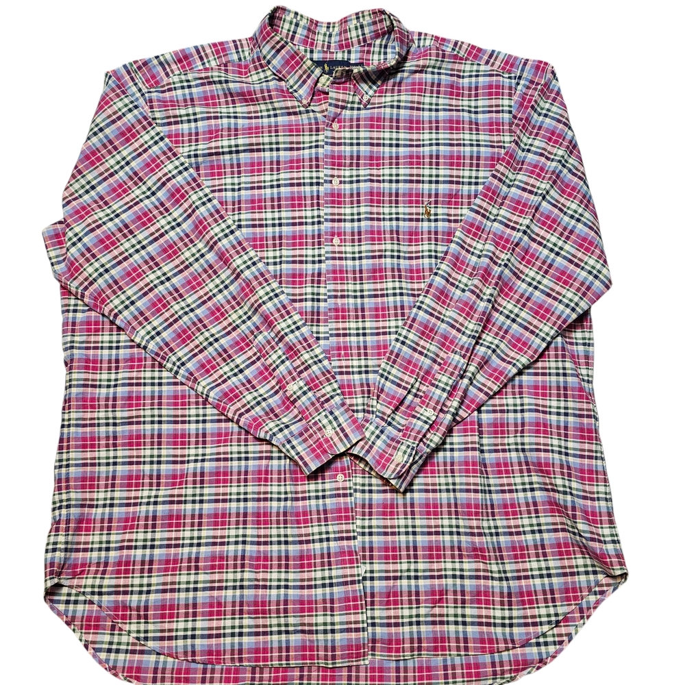 Ralph Lauren Men 3XLT Pony Long Sleeve Pink Blue Plaid Button Down Casual Shirt